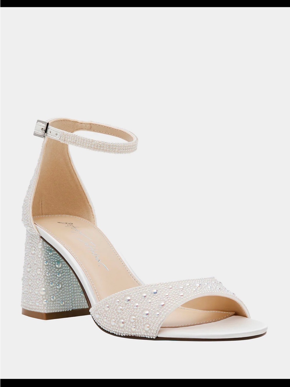 Betsey Johnson White Pearl & Crystal Block Heel Sandal with Ankle Strap